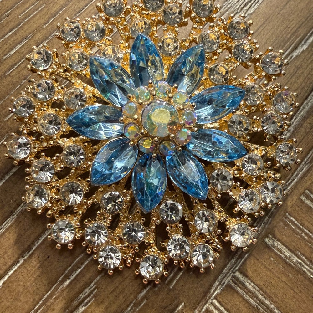 Gold and Blue Crystal Brooch